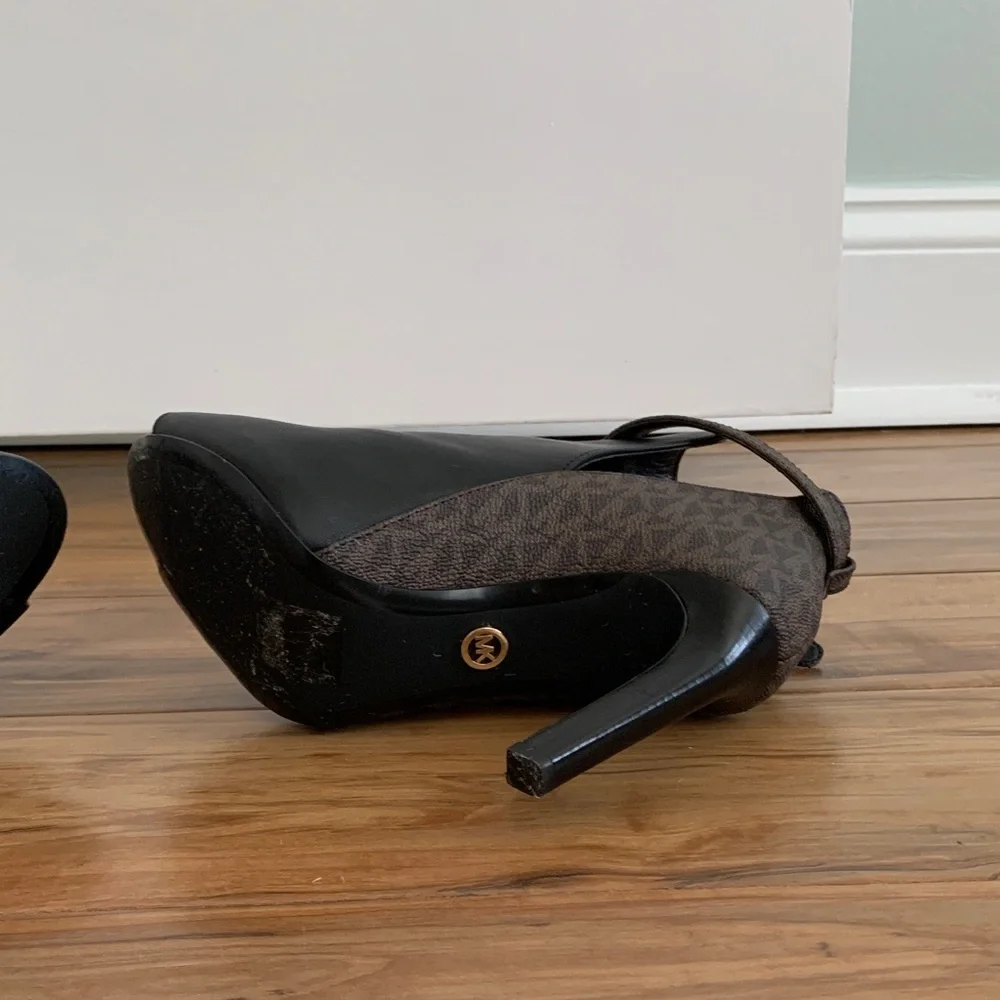 Michael Kors Black & Brown Peep-Toe Ankle Heels with Gold Buckle - Picture 7 of 7